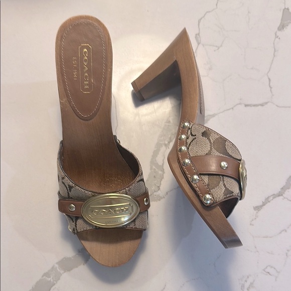 Coach | Shoes | Coach Brown And Gold Mules With Studded Strap | Poshmark